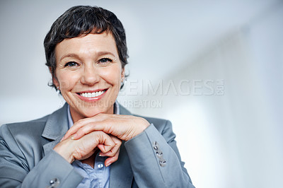 Buy stock photo Mature woman, portrait and smile for business knowledge, career ambition and professional in office. Accountant, happy and work experience for financial development, management and confident employee