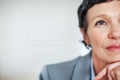 Buy stock photo Business, face and future with mature woman on space in office for professional problem solving. Idea, planning and thinking with confident employee person on mockup in workplace for company vision