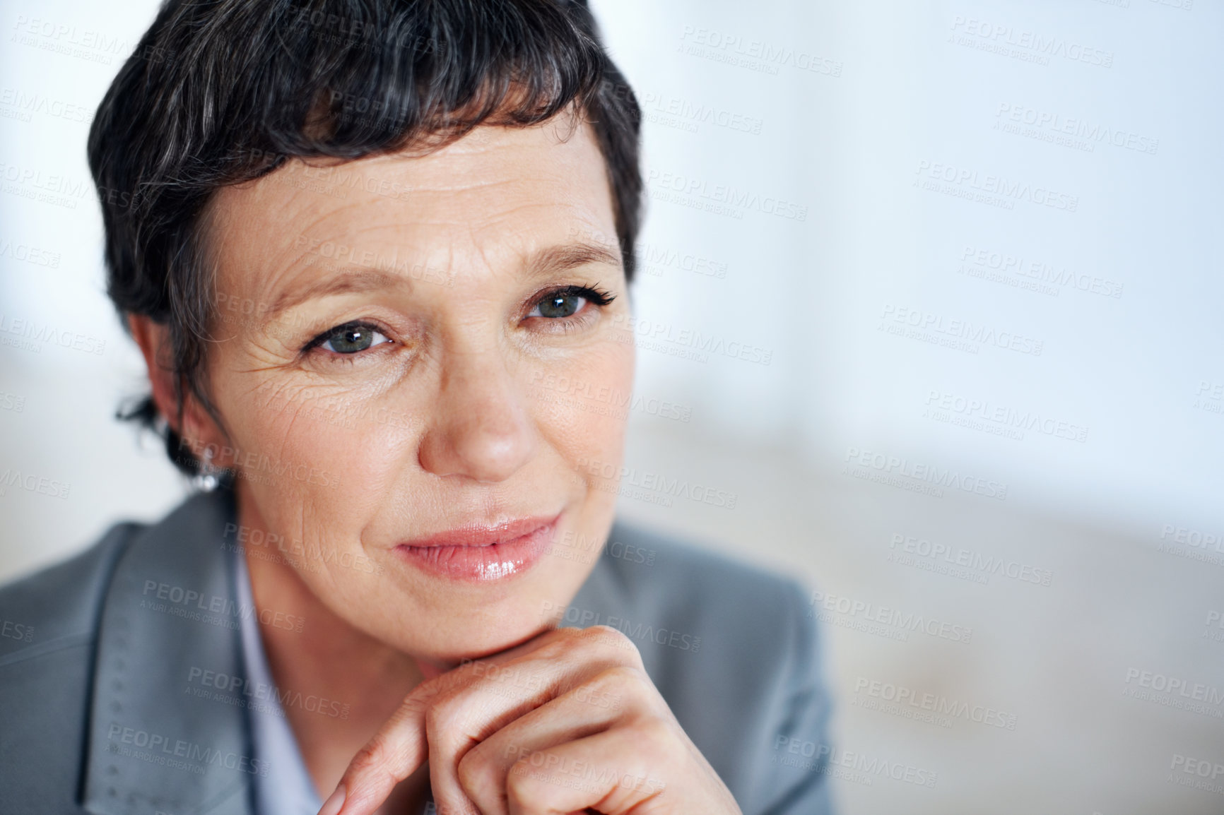 Buy stock photo Business, face and thinking with mature woman in office for problem solving or professional management. Future, idea and planning with serious employee person in workplace for corporate vision