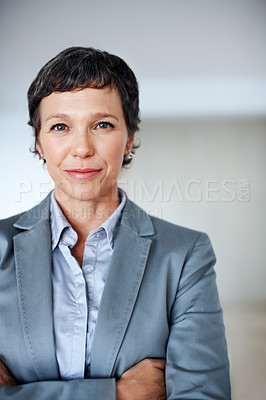 Buy stock photo Arms crossed, confident and portrait with mature businesswoman in office for professional management career. Company, corporate and executive with serious employee person in workplace for empowerment