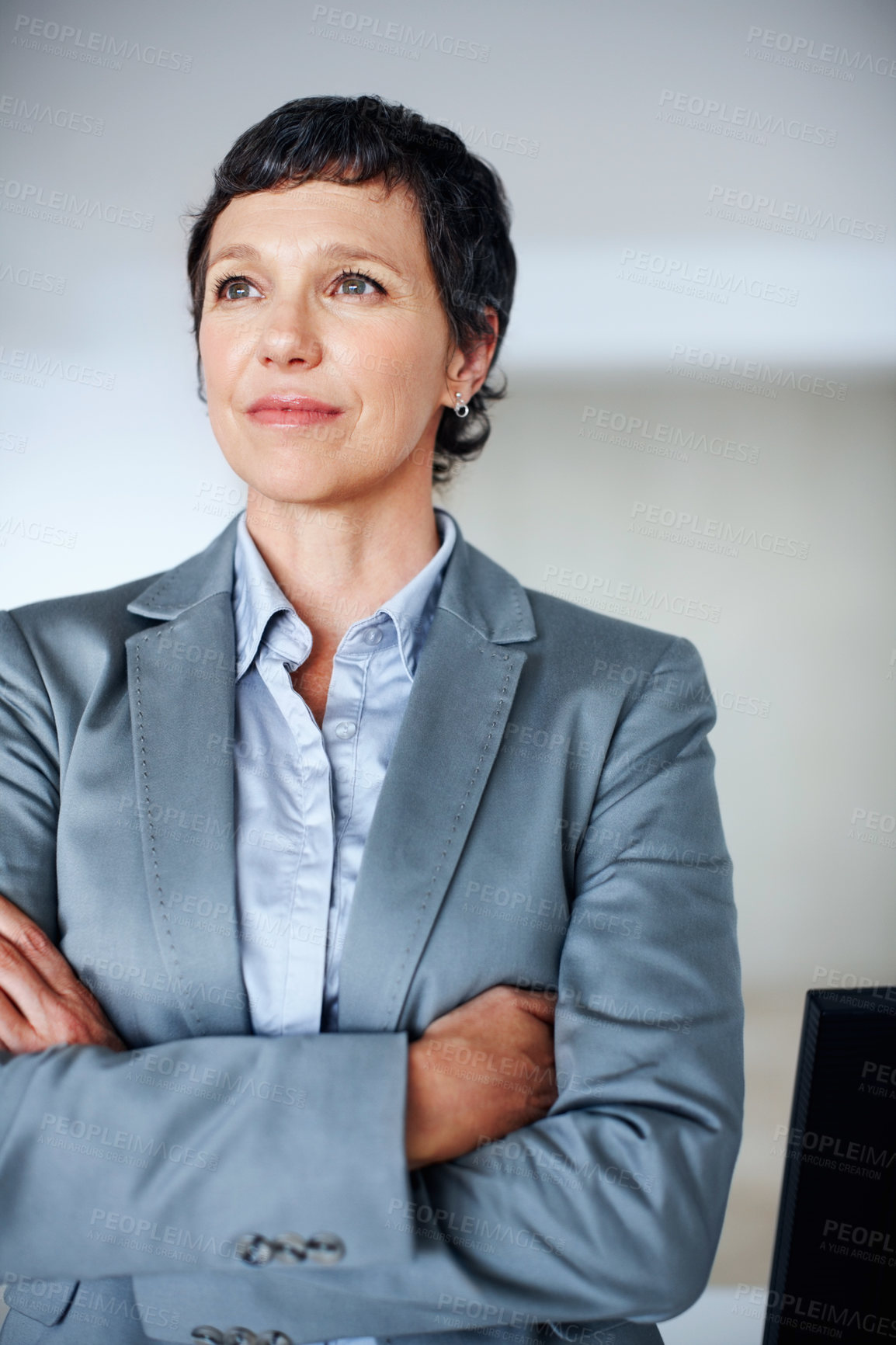 Buy stock photo Arms crossed, business and thinking with mature woman in office for corporate planning or vision. Contemplation, future and idea with confident employee in professional workplace for management