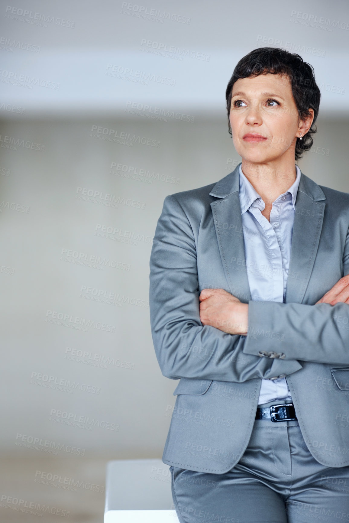 Buy stock photo Thinking, business and woman with confidence in office of executive career, management and experience. Proud, mature employee and arms crossed with corporate ambition, space and growth opportunity