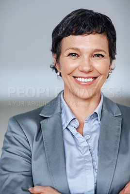 Buy stock photo Happy, business and woman with confidence for portrait of executive career, management and experience. Proud, mature and employee with arms crossed of corporate ambition, office desk and opportunity
