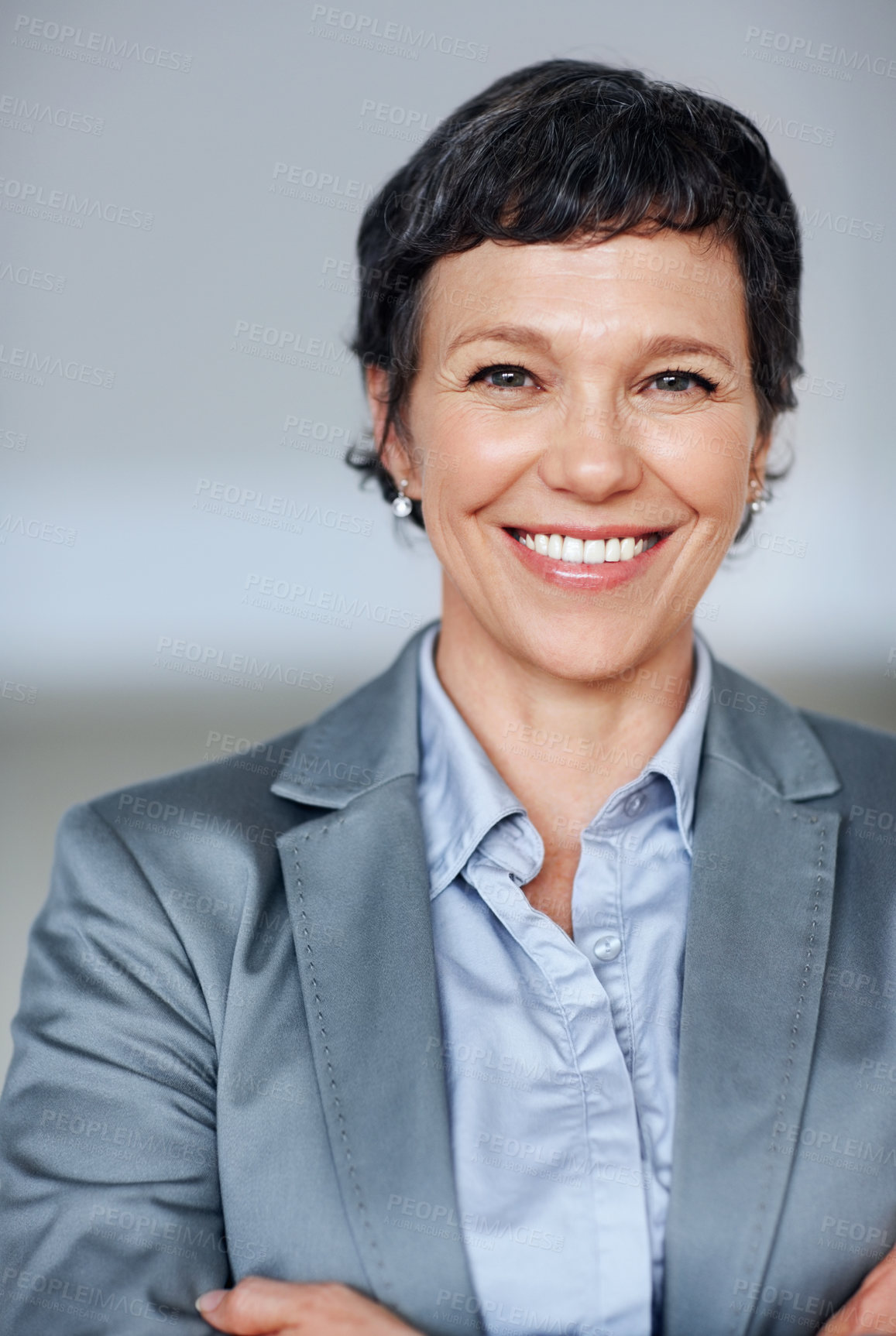 Buy stock photo Happy, business and woman with confidence for portrait of executive career, management and experience. Proud, mature and employee with arms crossed of corporate ambition, office desk and opportunity
