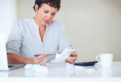 Buy stock photo Accountant, calculator and receipt for business taxes, finance administration and bookkeeping in office. Mature woman, invoice and laptop for financial spreadsheet, profit report and accounting app