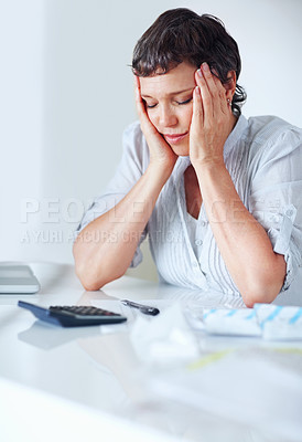 Buy stock photo Accountant, calculator and tired for business tax, finance administration and bookkeeping in office. Mature woman, burnout and audit for financial spreadsheet, profit report and accounting invoice