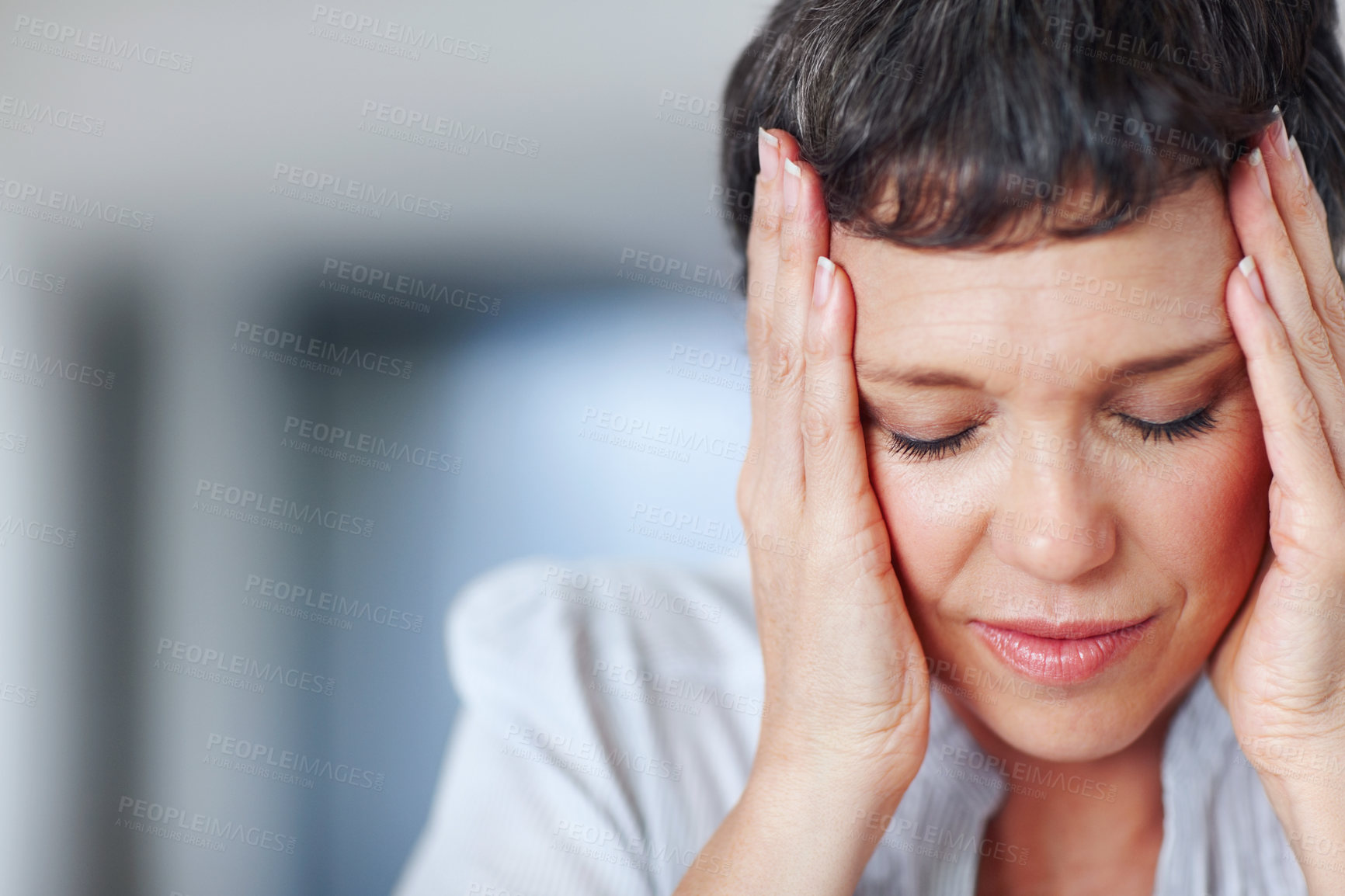 Buy stock photo Office, mature businesswoman and stress with headache for burnout, fatigue and project deadline by space. Workplace, female person or ceo with pain for migraine, tired or mistake for financial crisis