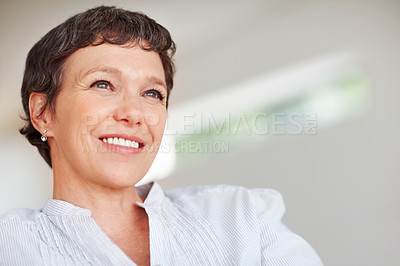 Buy stock photo Mature woman, relax and thinking in home with smile for nostalgia, happy memory or daydreaming. Space, person and thoughtful on couch in living room with wondering, inspiration or reflection in house