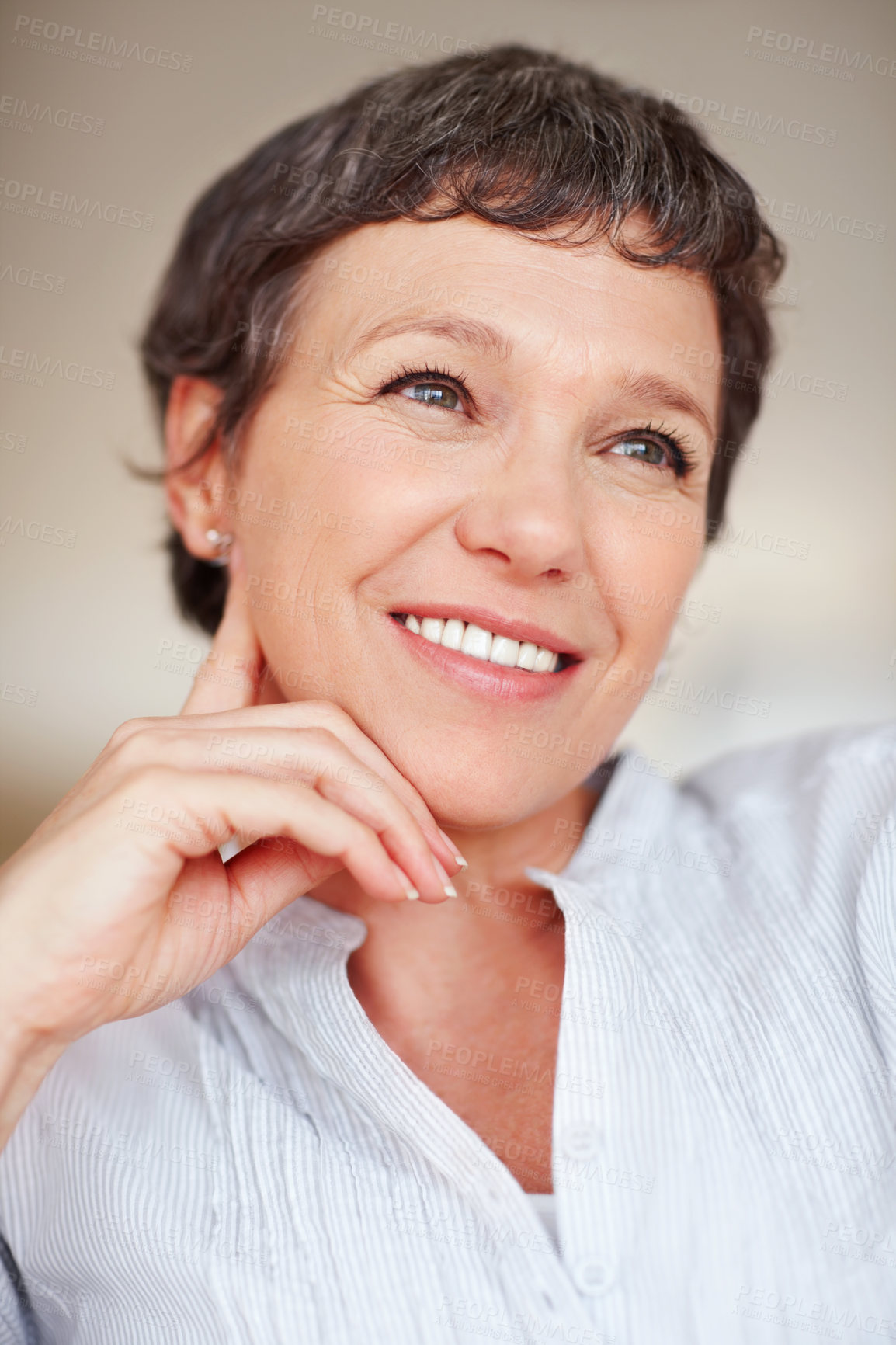 Buy stock photo Mature woman, relax and happy with thinking on sofa in home with nostalgia, memory and daydreaming. Person, thoughtful and reflection on couch in lounge with wondering, problem solving and decision