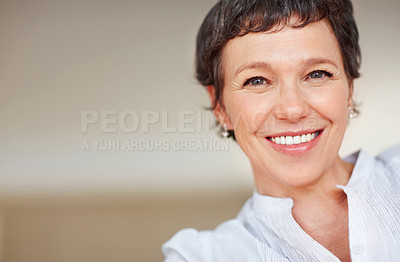 Buy stock photo Happy woman, space or portrait in house or home to relax with pride in lounge of apartment. Mature real estate agent, smile or face of confident realtor resting in France for break, mockup or day off