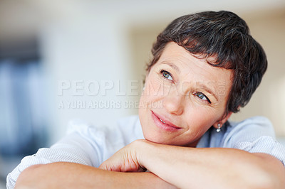 Buy stock photo Mature woman, smile and thinking in house with nostalgia, memory and daydreaming. Person, thoughtful and reflection on couch in living room with wondering, contemplating or problem solving with space