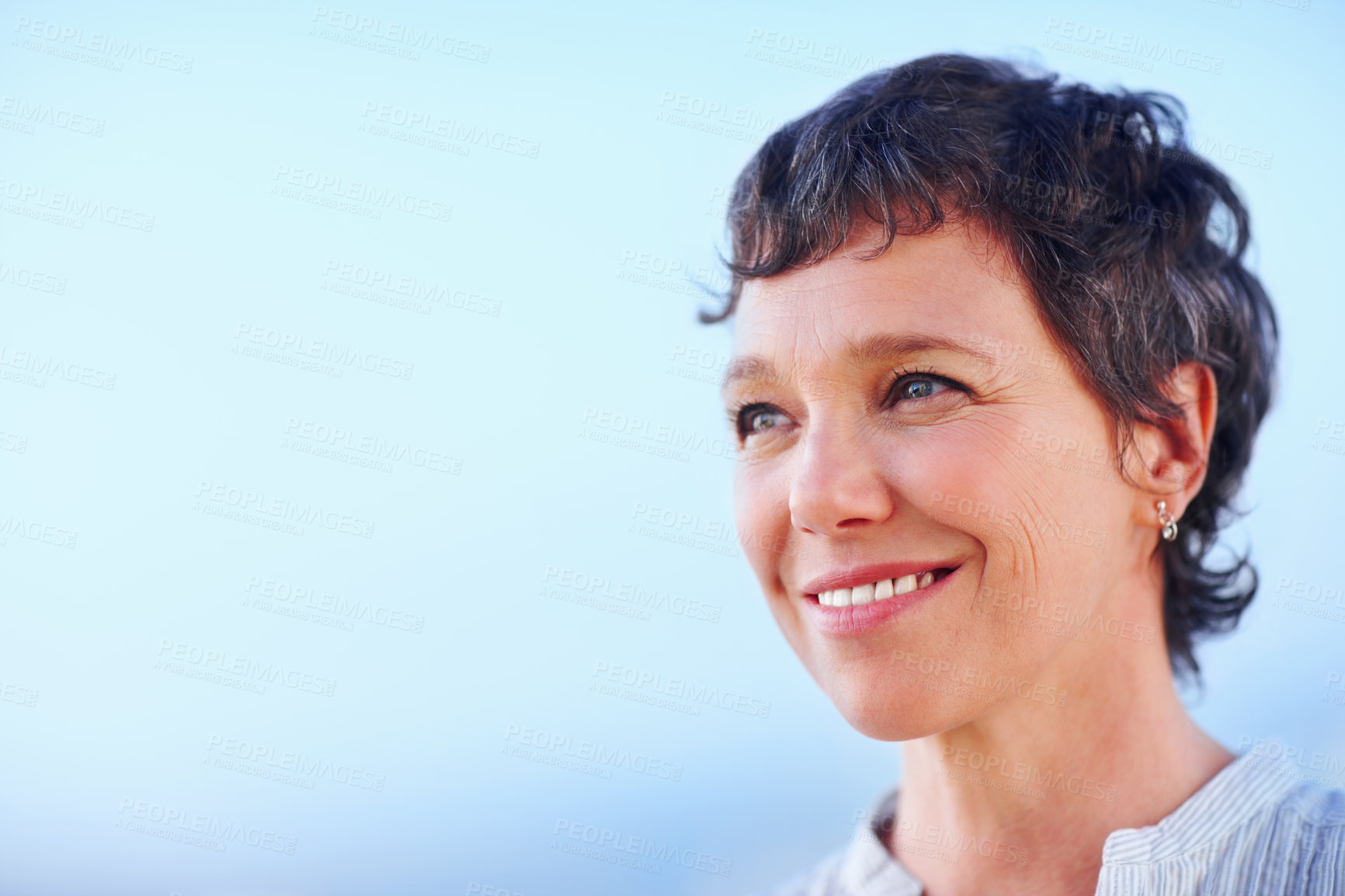 Buy stock photo Closeup attractive business woman smiling looking at something