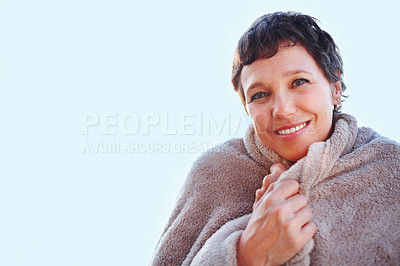 Buy stock photo Portrait of beautiful mature woman smiling wearing woolen shawl