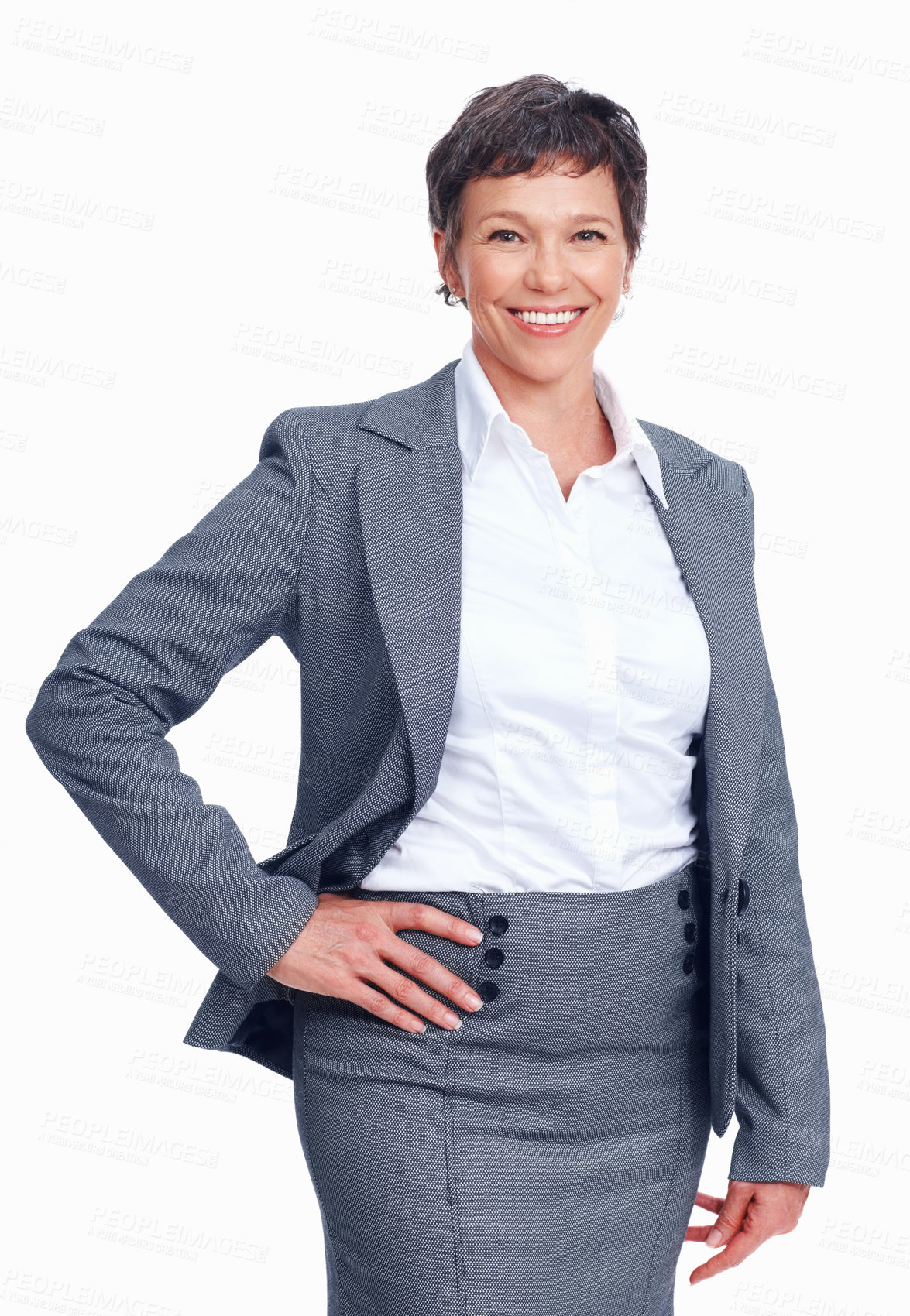 Buy stock photo Happy woman, portrait or confident in studio for business, professional or growth in agency. Mature estate agent, pride or smile on white background in realtor fashion with friendly service in Canada