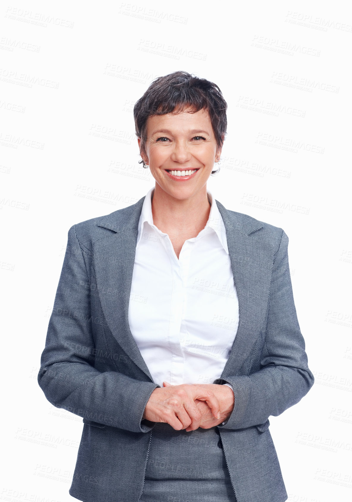 Buy stock photo Portrait, mature and happy business woman with expert experience, pride or corporate career. Face, smile and financial executive, manager or confident ceo in suit on white studio background in Canada