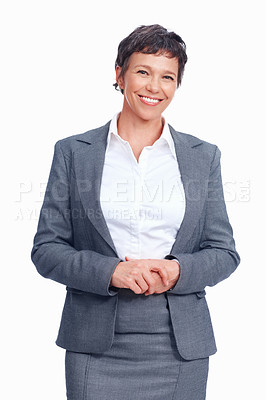 Buy stock photo Portrait, manager and happy business woman with expert experience for corporate career. Smile, mature ceo and confident boss or actuary for risk management in suit on white studio background in USA