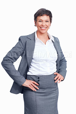 Buy stock photo Portrait, mature and business woman with positive, smile or confidence as senior hr consultant. Female person, pride and happiness for career as employee or manager on studio background in Australia