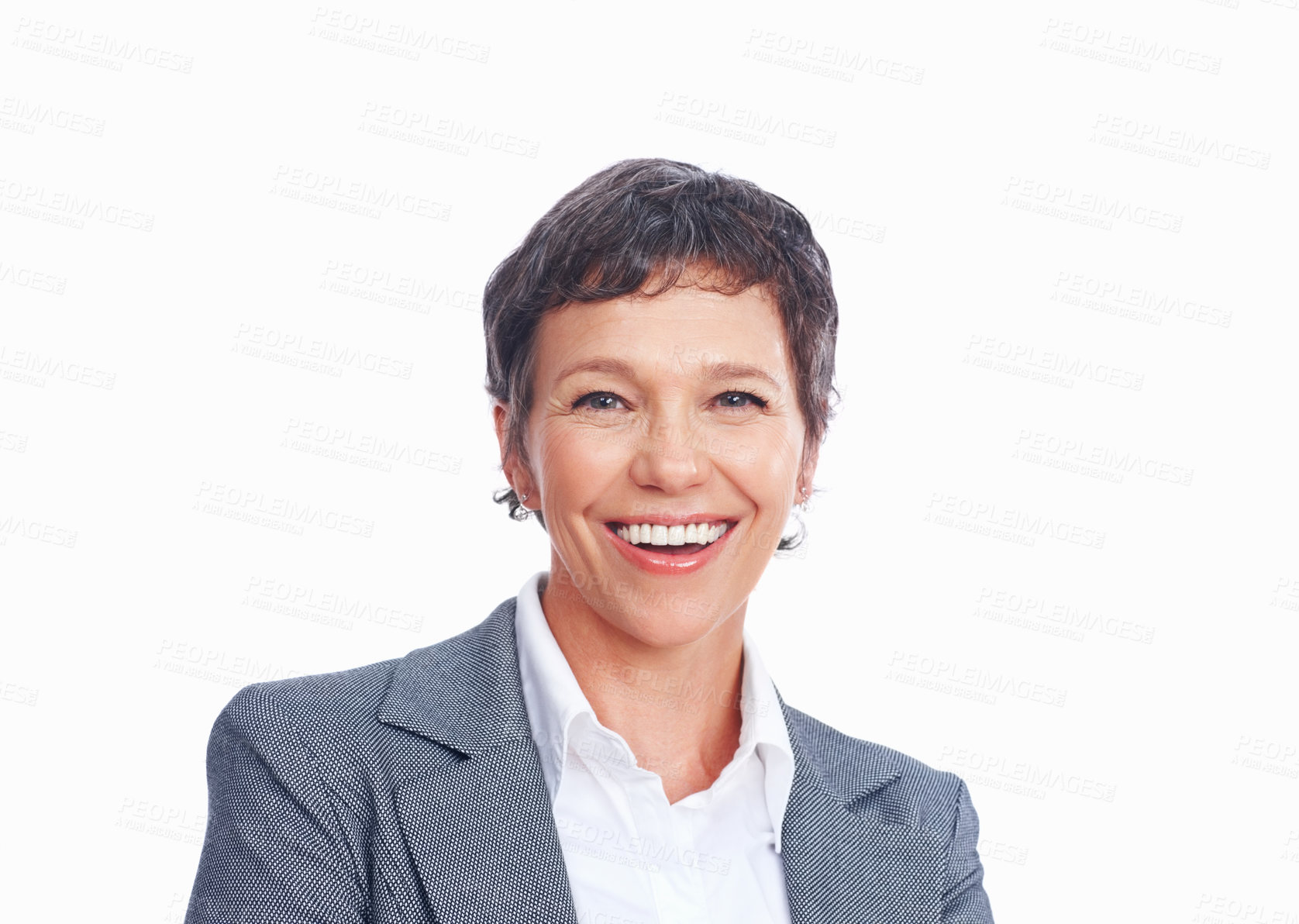 Buy stock photo Portrait, mature and female person with happiness, smile or confidence as senior hr consultant. Business woman, pride and positive for career as employee or manager on studio background in Australia