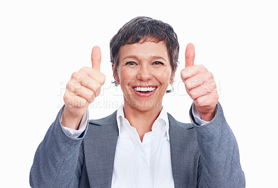 Buy stock photo Excited, thumbs up and portrait of business woman with emoji for success, win or laugh. Face, mature manager and like hand gesture for celebration, victory or goal on white studio background in USA