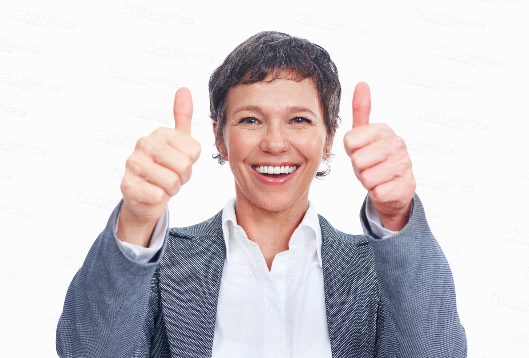 Buy stock photo Excited, thumbs up and portrait of business woman with emoji for success, win or laugh. Face, mature manager and like hand gesture for celebration, victory or goal on white studio background in USA