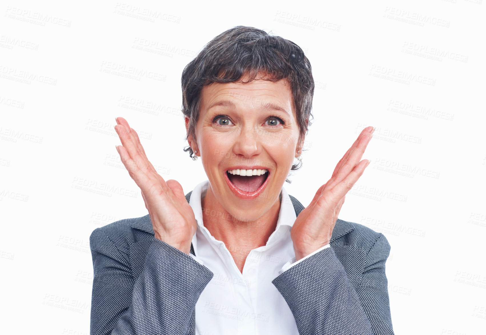Buy stock photo Business, woman and surprised with smile in studio for job promotion and bonus on white background in Germany. Female person, employee and happy or excited on portrait for achievement and success