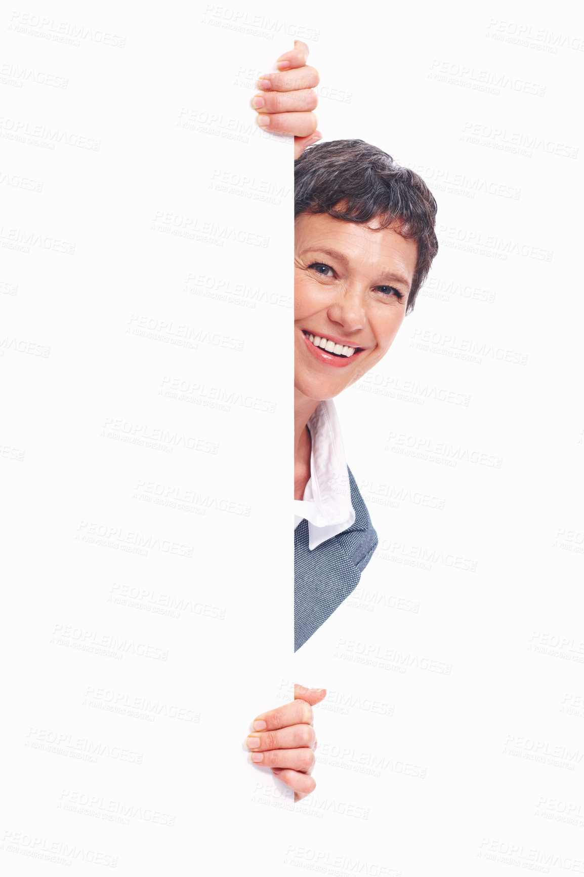 Buy stock photo Portrait, mature woman and advertising for poster on mock up space or white background. Female person, billboard and financial advisor in investment, wealth and insurance sales as career in Australia