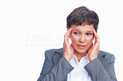 Buy stock photo Business, woman and sad with headache in studio for deadline, stress and overworked in white background. Female person, employee and isolated with migraine, strain and frustration on mockup space