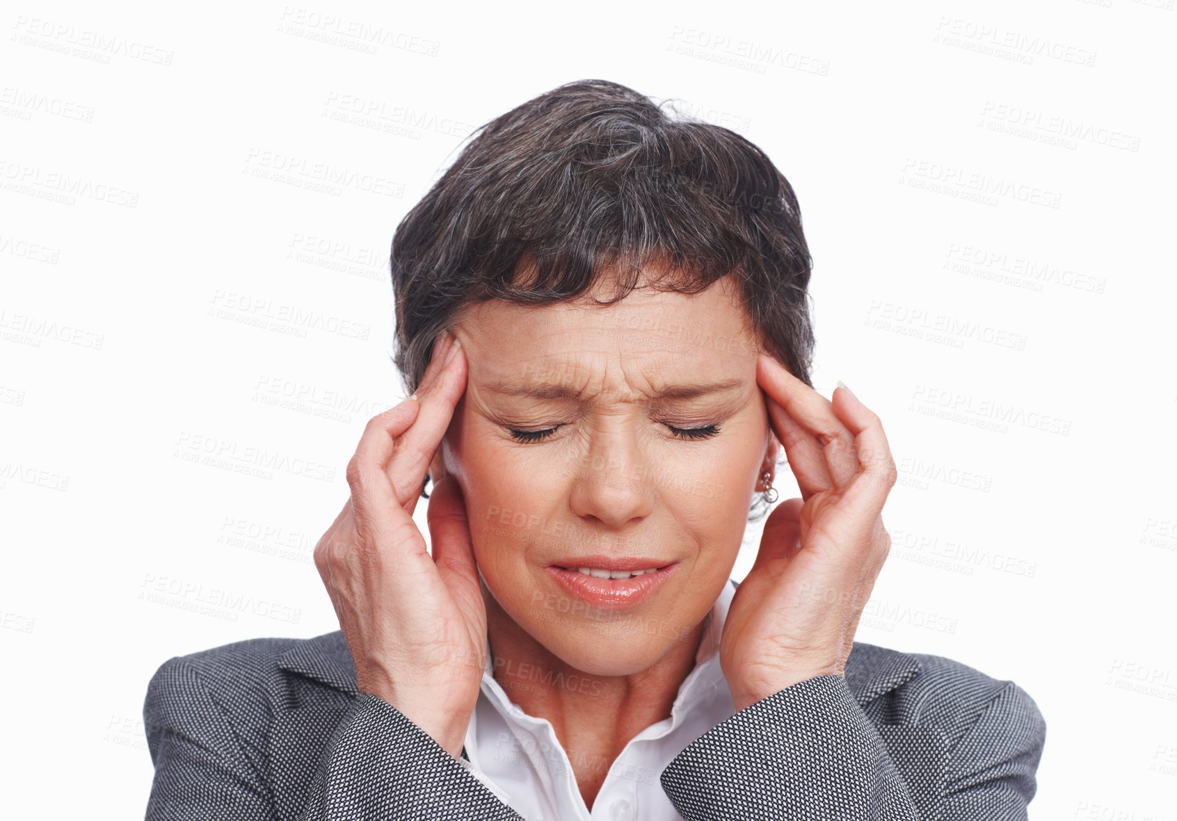 Buy stock photo Business, woman and sad with headache in studio for deadline, stress and overworked in white background. Female person, employee and isolated with migraine, strain and frustration or worried