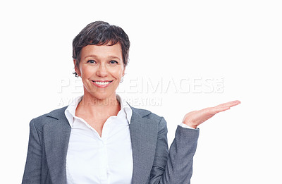 Buy stock photo Employee, woman and studio with hand gesture for presentation and instructions in white background. Female person, business and smile or happy in confidence, portrait and mockup space for offer