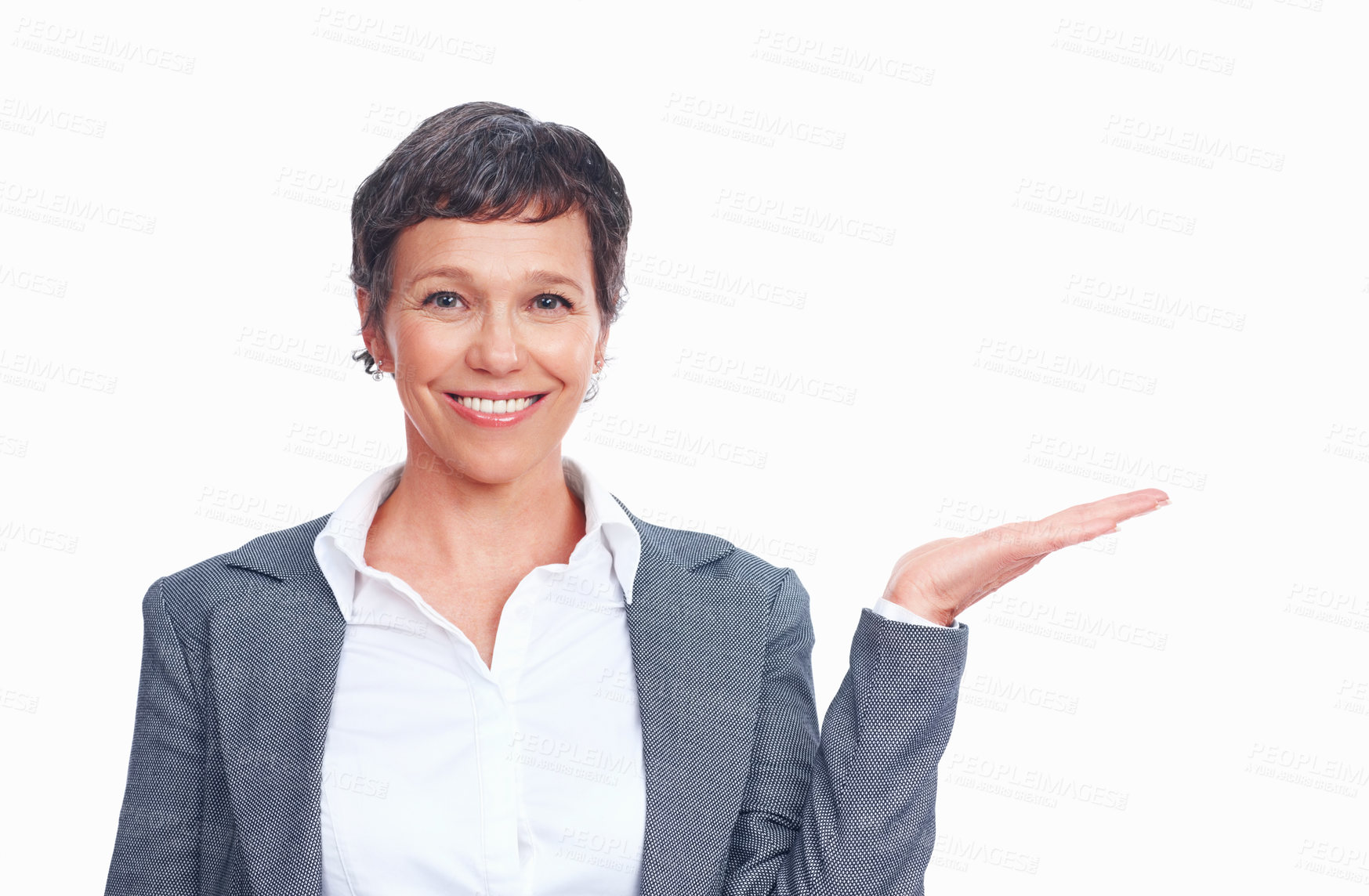 Buy stock photo Employee, woman and studio with hand gesture for presentation and instructions in white background. Female person, business and smile or happy in confidence, portrait and mockup space for offer