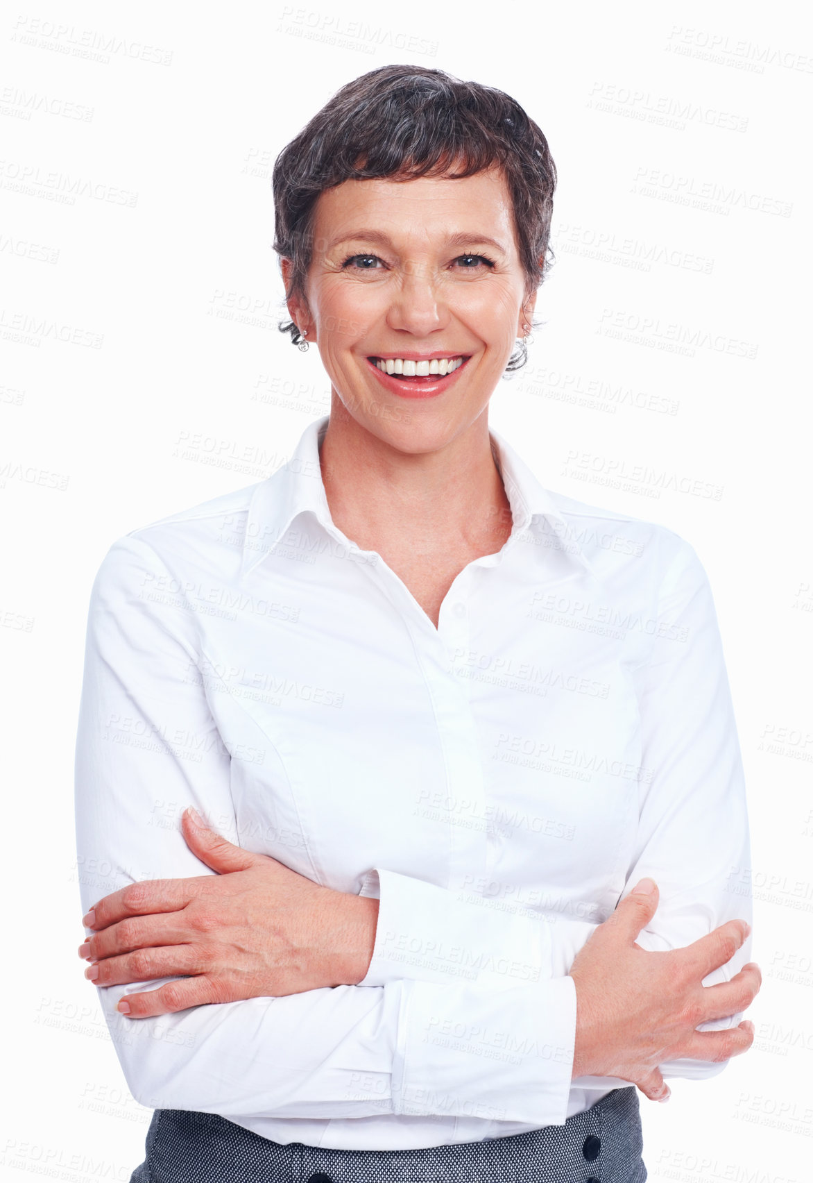 Buy stock photo Portrait, arms crossed and laughing business woman with expert experience, pride or career. Face, smile and confident boss or mature actuary for risk management on white studio background in France