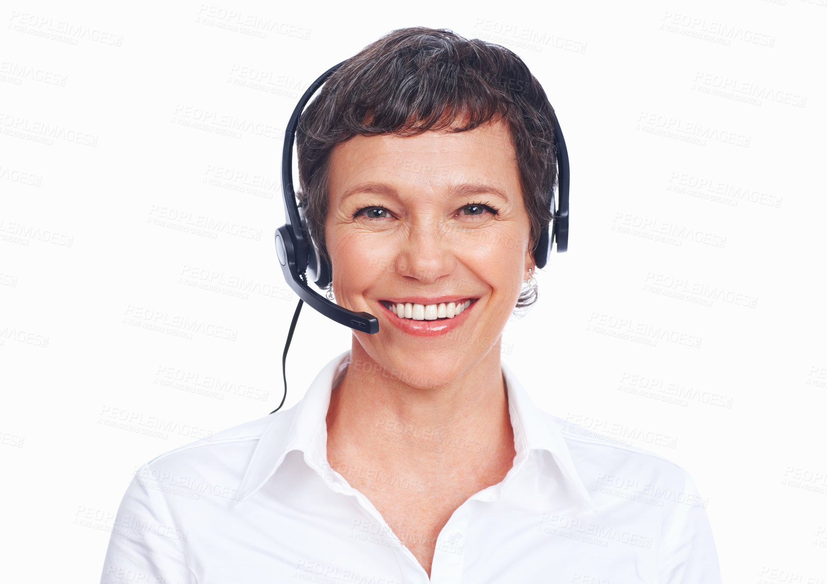 Buy stock photo Happy woman, portrait or headset in studio for customer service, telemarketing or growth in agency. Mature agent, face or smile on white background with tech for communication at help desk in Canada