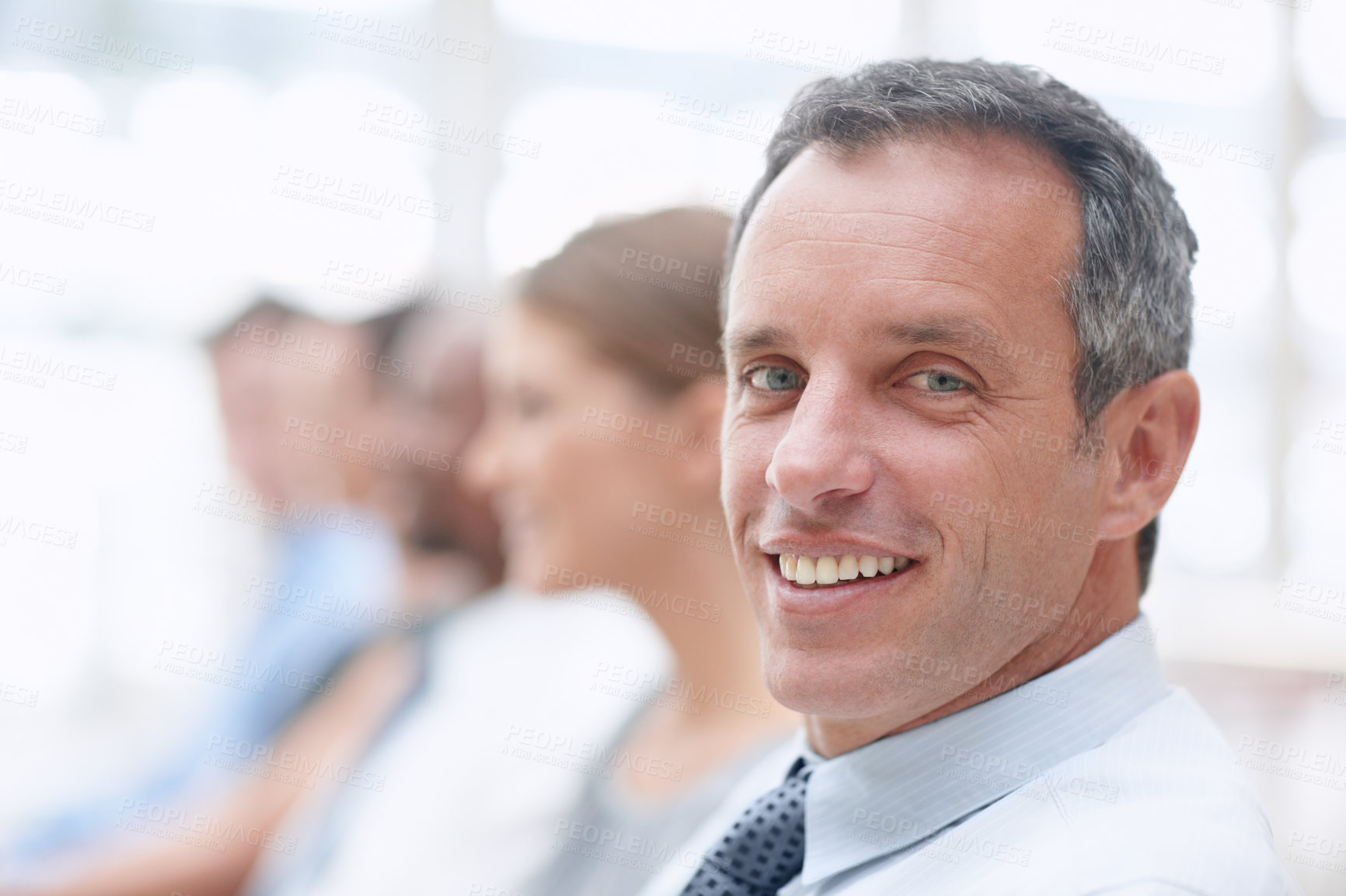 Buy stock photo Portrait, mature and businessman in audience for seminar, workshop or learning in conference. Happy, face or smile in presentation for staff training, development ideas or convention at workplace