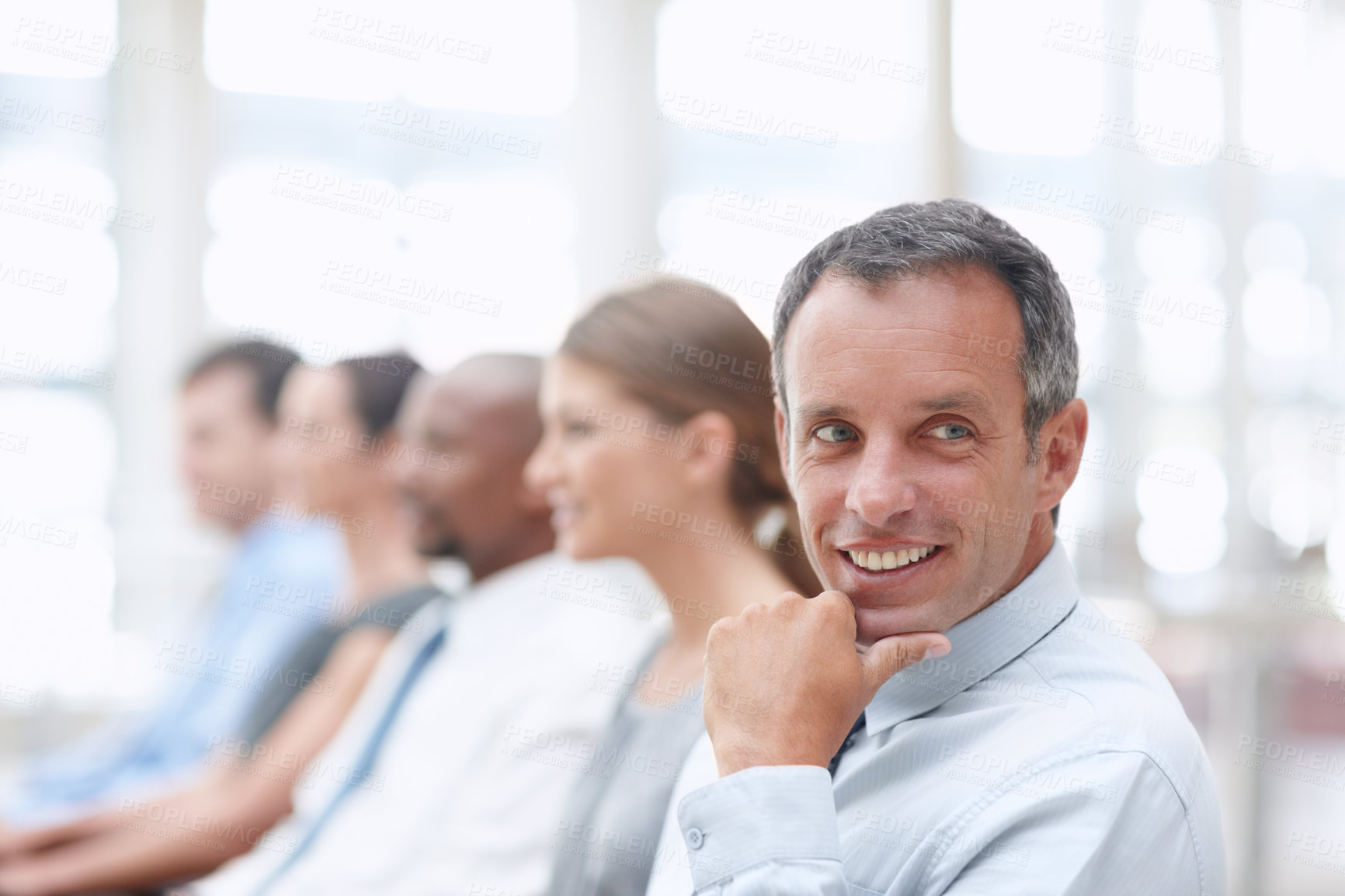 Buy stock photo Thinking, mature and businessman in audience for workshop, seminar or learning in conference. Happy, face or daydreaming in presentation for staff training, development ideas or convention at office