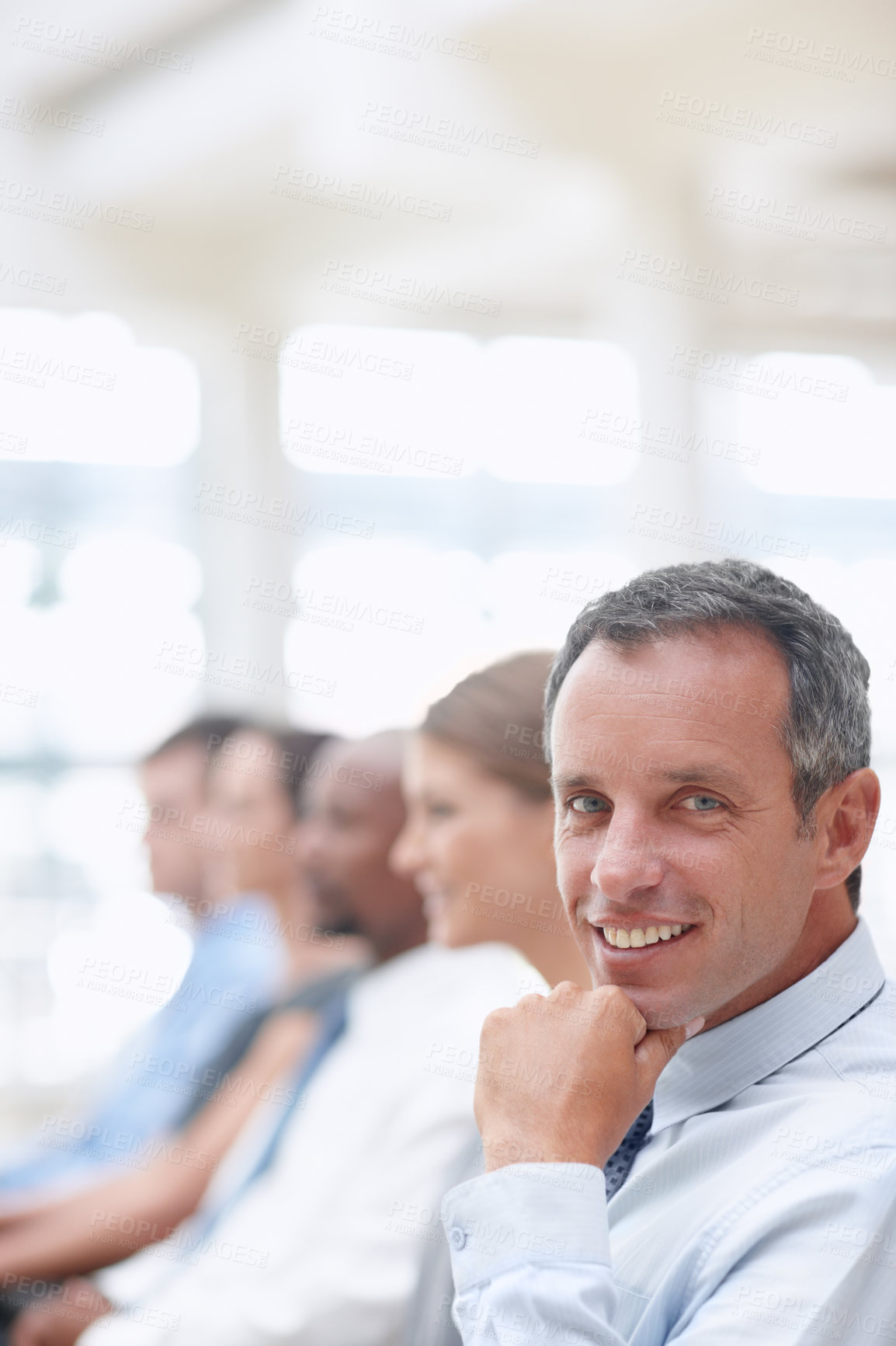 Buy stock photo Portrait, mature and businessman in audience for conference, seminar or learning in workshop. Happy, face or investor in presentation for staff training, development ideas or convention at office