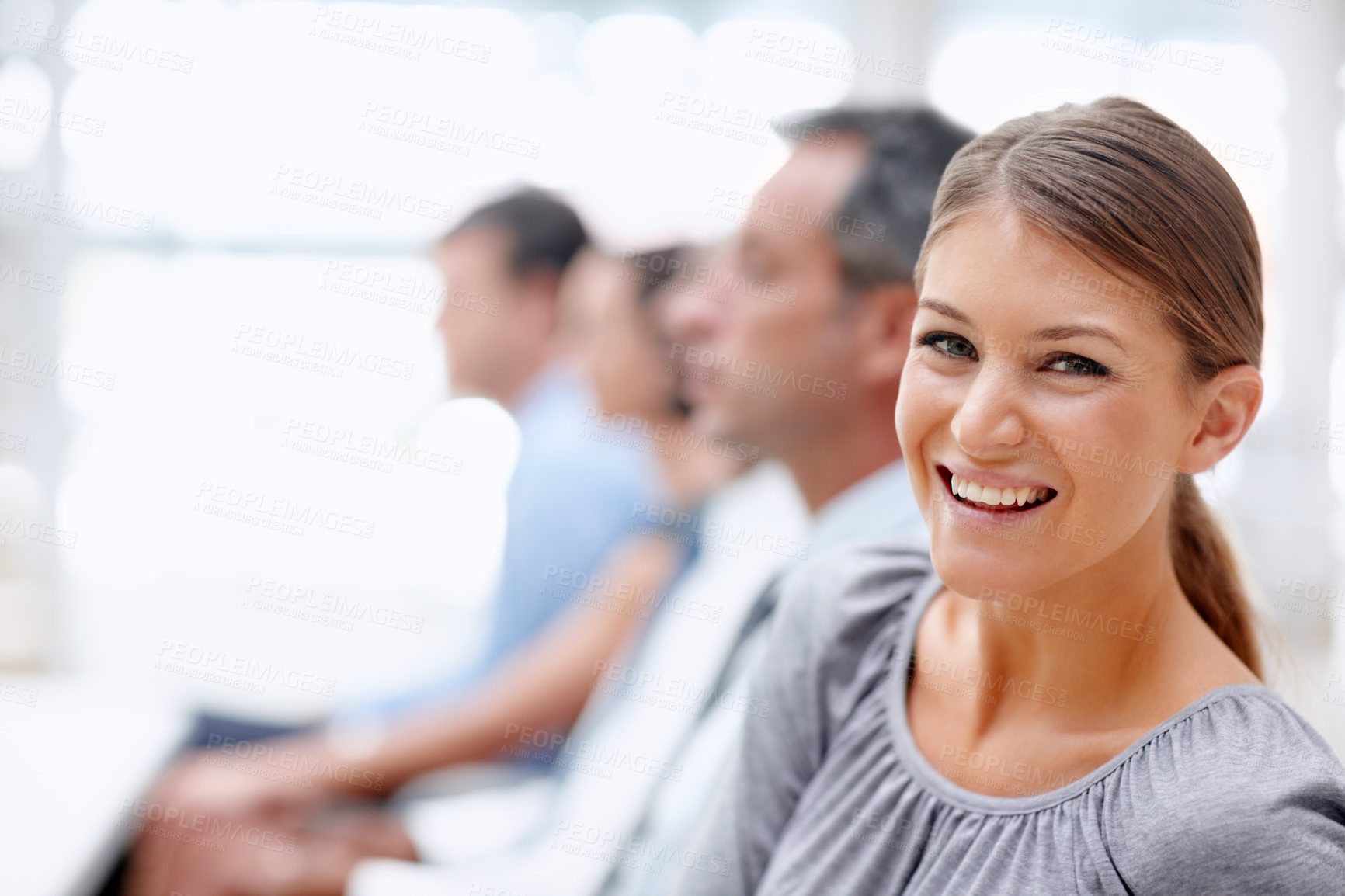 Buy stock photo Portrait, business or happy woman in audience for seminar, workshop or learning in conference. Laughing, smile or proud intern in presentation for staff training, development or convention in office 