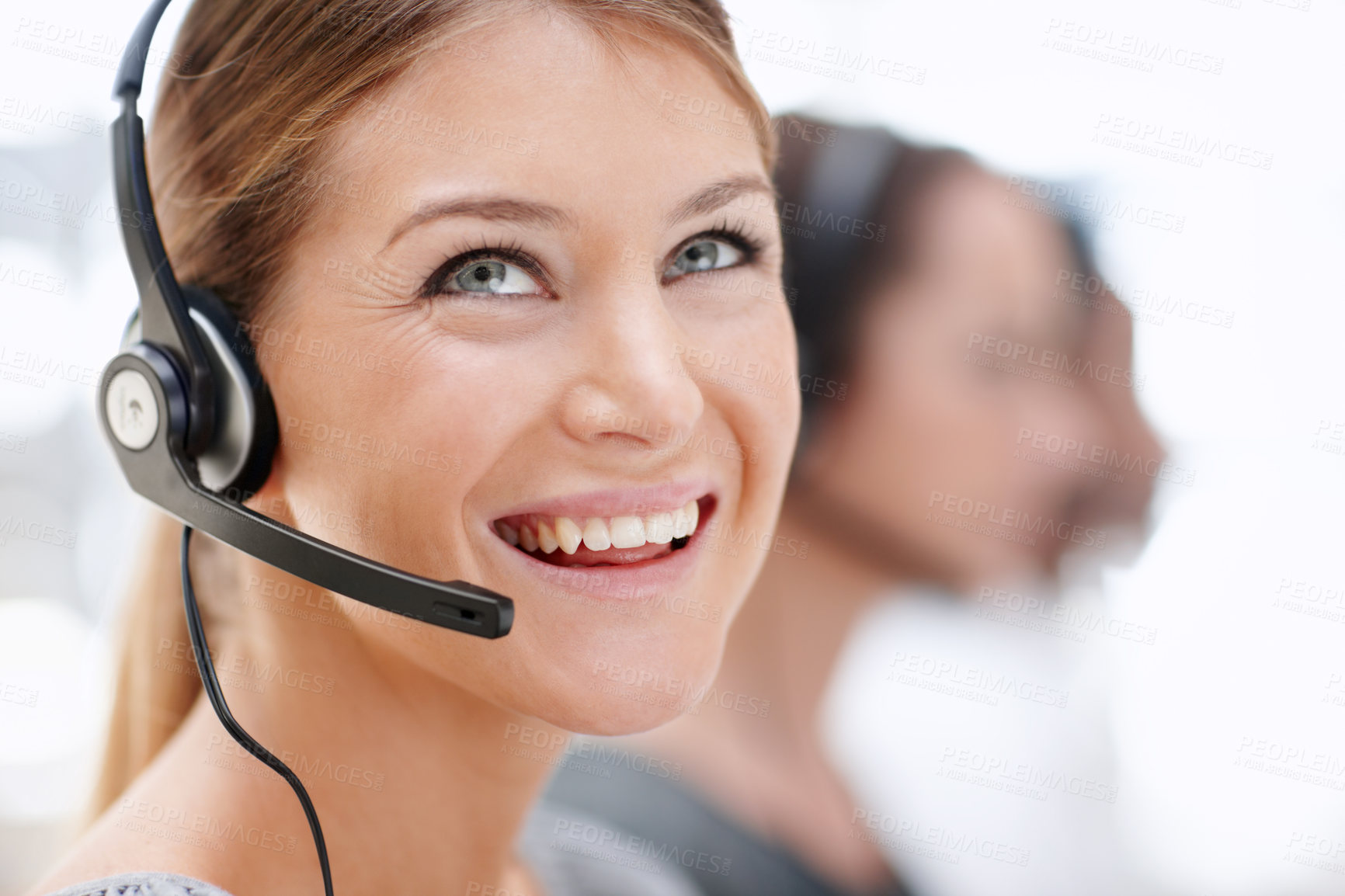 Buy stock photo Microphone, thinking woman and customer service agent with headset, smile and career as consultant. Female person, ideas and confidence for support, commercial and advice in coworking space or office