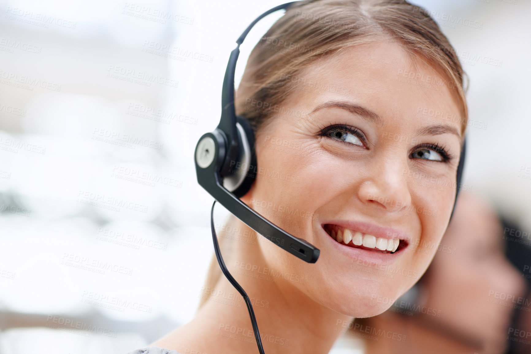 Buy stock photo Headset, thinking woman and customer service agent with microphone, smile and career as consultant. Female person, ideas and confidence for support, commercial and advice in coworking space or office