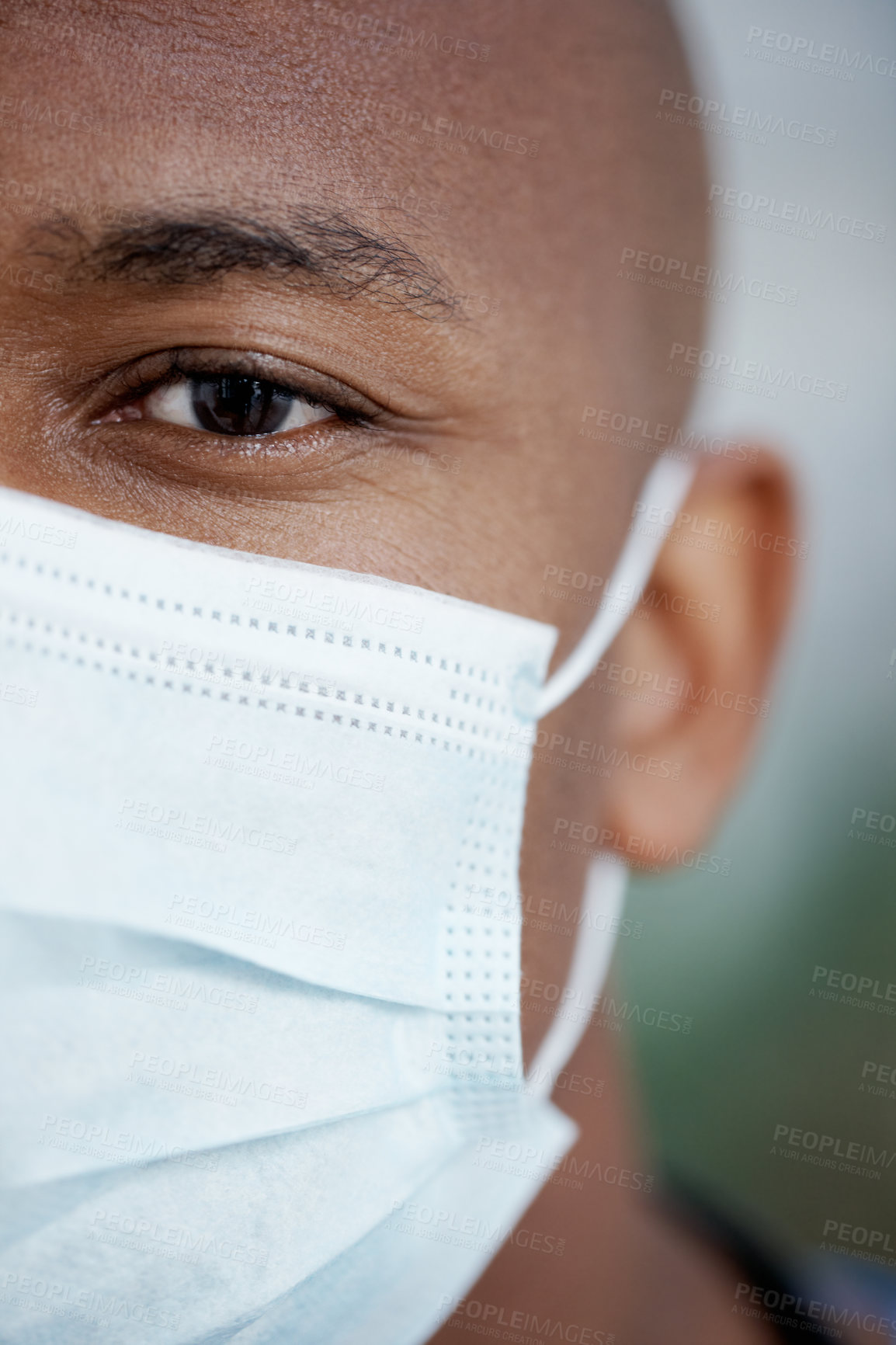 Buy stock photo Doctor, black man and portrait with face mask closeup in hospital of healthcare service, ppe safety and compliance. Medical, protection and virus risk, health danger and rules of wellness treatment