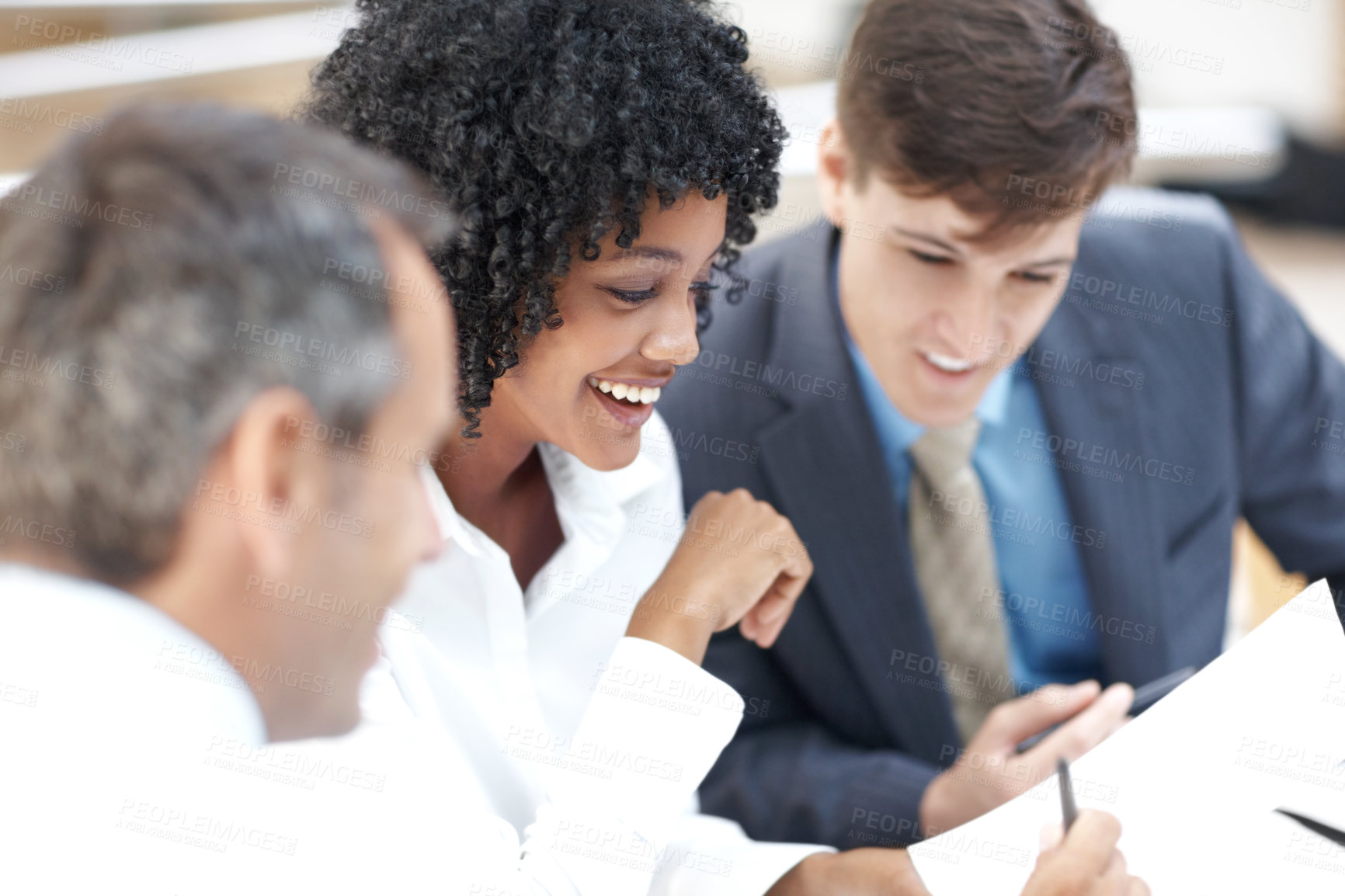 Buy stock photo Collaboration, diversity and documents with smile of business people in boardroom of office. Meeting, planning or strategy with man and woman employee group in workplace for corporate discussion