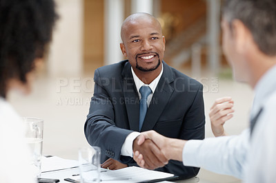 Buy stock photo Happy, businessman or meeting with handshake for agreement, deal or collaboration at office. Business people, colleagues or employees shaking hands for b2b contract, teamwork or mission at workplace