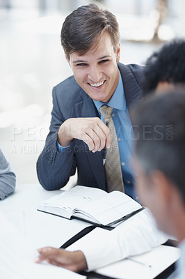 Buy stock photo Documents, lawyer and business people in meeting, planning and communication in office. Employees, brainstorming and corporate professional with discussion, teamwork and legal aid with cooperation