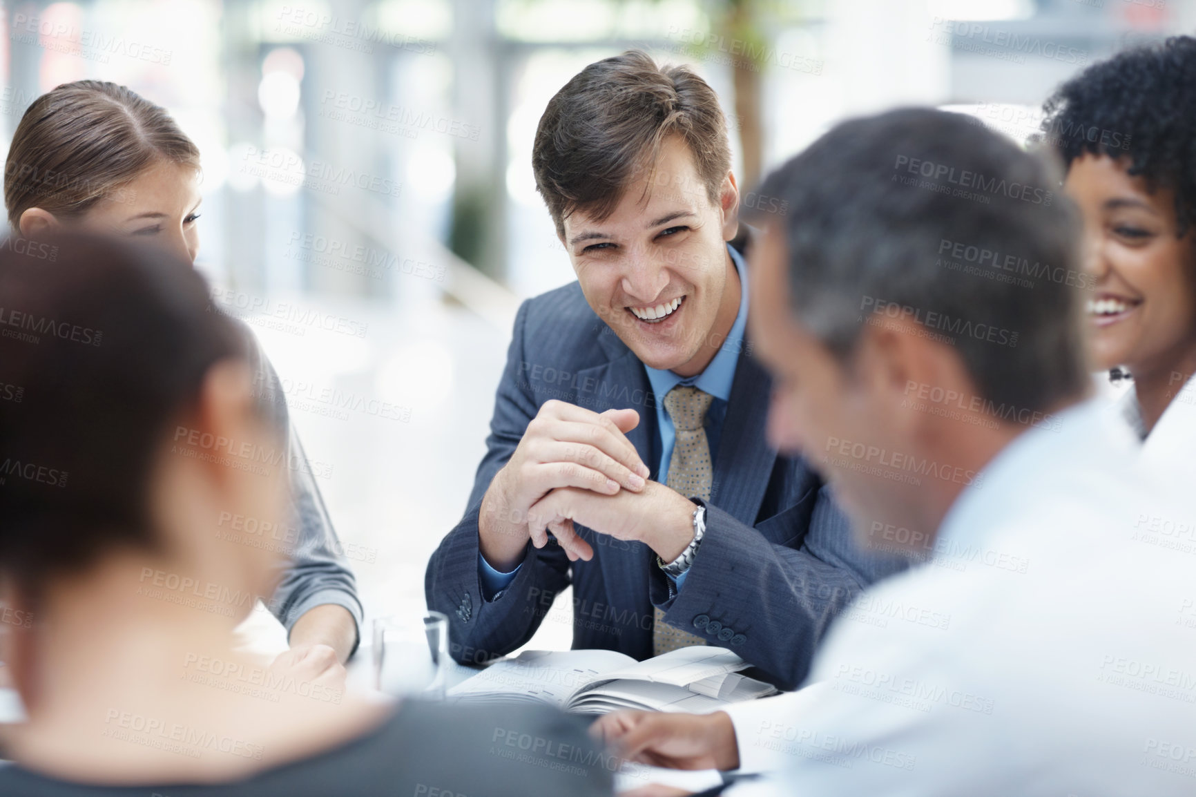 Buy stock photo Funny, group and business people in meeting, planning and communication for feedback Employees, coworkers and corporate professional with humor, teamwork and legal aid with cooperation with review