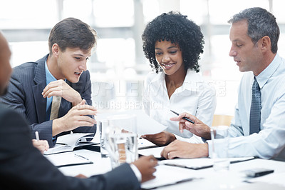 Buy stock photo Business people, meeting and documents with team for finance, company revenue or profit at office. Group, employees or financial analysts with paperwork for discussion on corporate budget or expenses