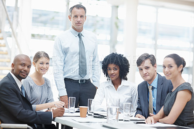 Buy stock photo Collaboration, diversity and portrait of business people in boardroom of office together for management. Corporate, meeting or strategy with man and woman employee group in workplace for seminar