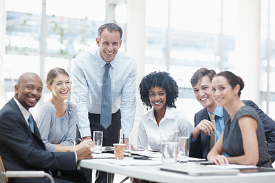 Buy stock photo Corporate, diversity and portrait of business people in boardroom of office together for management. Collaboration, meeting or strategy with smile of man and woman employee group in workplace