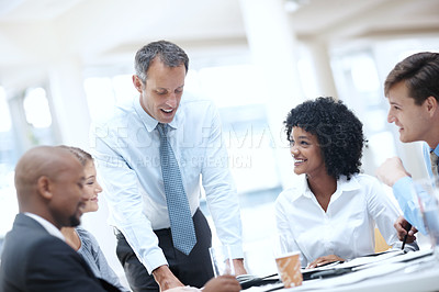 Buy stock photo Business people, documents and collaboration with team for meeting, corporate plan or project at office. Businessman, executive or speaker talking to group of employees for improvement or development