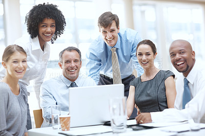 Buy stock photo Collaboration, laptop and portrait of business people in boardroom of office together for management. Corporate, diversity and meeting with man and woman employee group in workplace for seminar