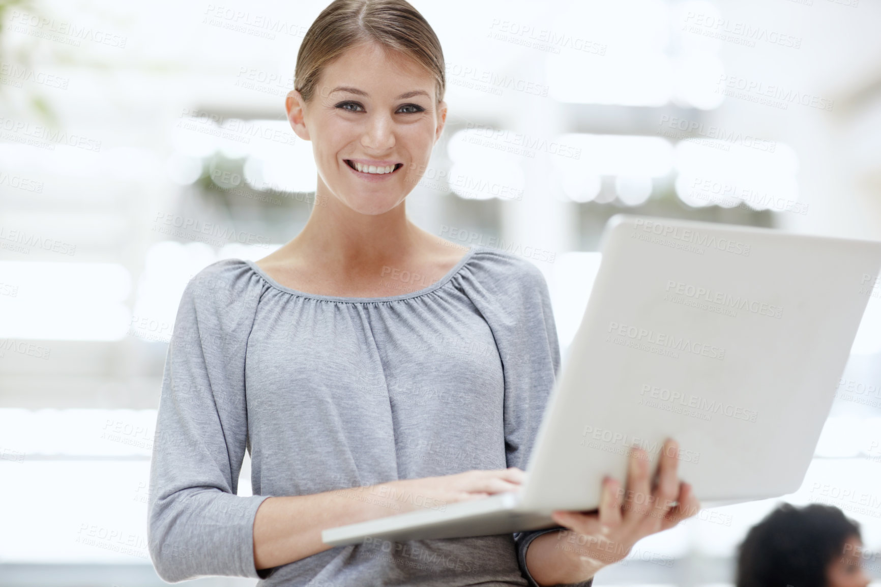 Buy stock photo Laptop, research and portrait of businesswoman in office with report of finance budget with capital gain. Tech, happy and financial planner with computer for investment profit feedback for client.