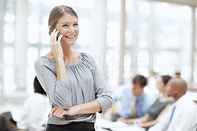 Buy stock photo Office, thinking and woman with phone call at business meeting for financial, advice or client update. Investment broker, smile and consultation with tech for trading service, feedback and discussion